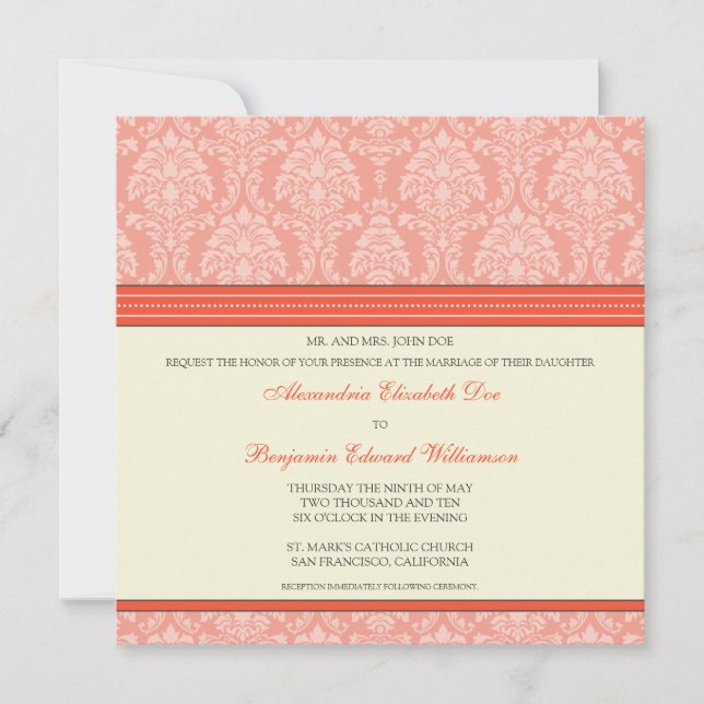 Encantador convite para casamento na Praça Damask: (Frente)
