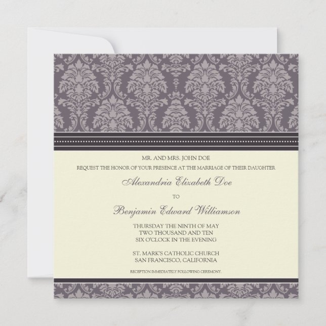 Encantador convite para casamento na Praça Damask: (Frente)