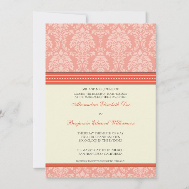 Encantador Damask 5x7 Convite Para Casamento: cora (Frente)