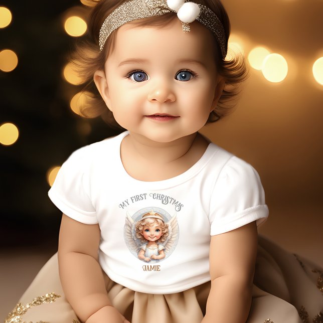 Encantador de Natal Bonito Primeira Camiseta de Na (Cute Christmas Angel First Christmas Baby T-Shirt)
