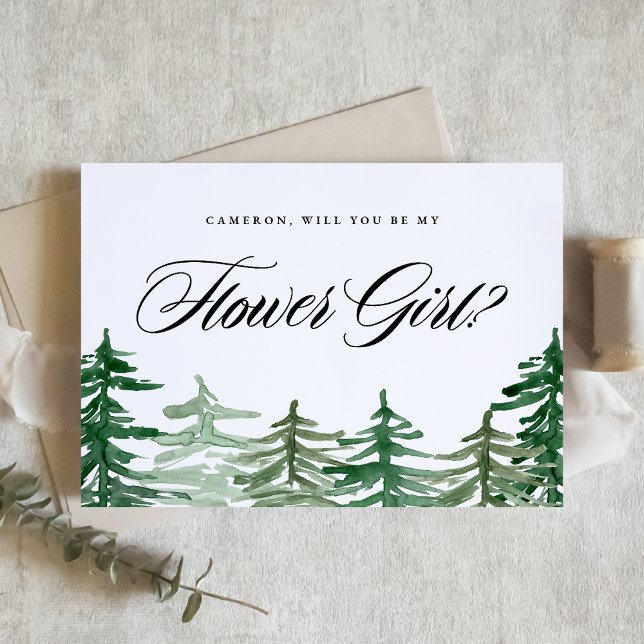 Encantando O Woodland Você Será Minha Menina Flor ( Customizable Woodland "Will You Be My Flower Girl?" Card featuring enchanting watercolor forest.)