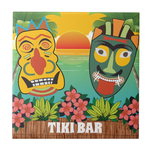 Encarados Engraçados de Tiki com pôr do sol tropic (Frente)