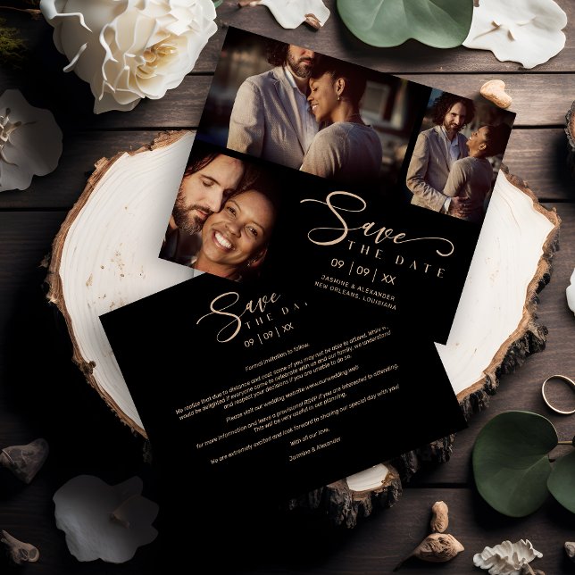 Encaro Black Trendy Collage Casamento 3 Fotos (Inexpensive Black Trendy Collage Wedding 3 Photos Save the Date with Envelope. )