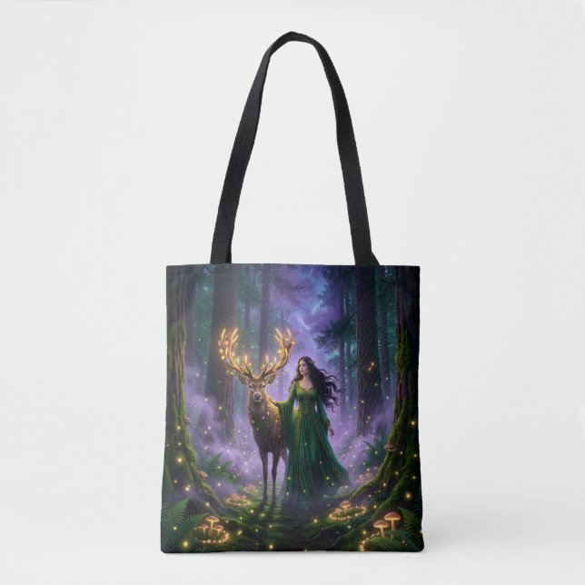 Enchanted Forest Guardian & Majestic Deer Tote Bag (Frente)