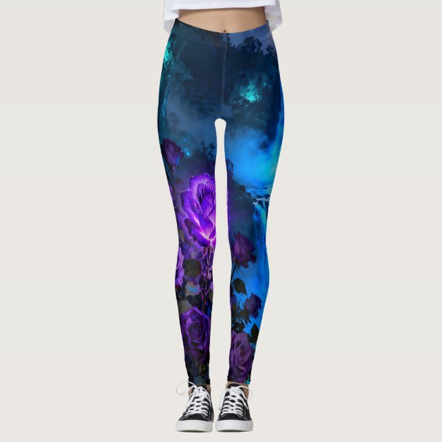 Enchanted Purple Rose Waterfall Leggings (Frente)