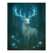 Enchanted White Stag in the Moonlit Forest Poster
