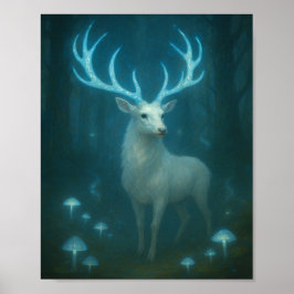 Enchanted White Stag in the Moonlit Forest Poster