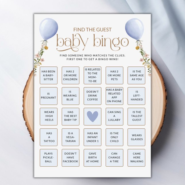 Encontre o Cartão de Jogo do Chá de fraldas do Bal (Find The Guest Blue Balloon Baby Shower Game Card)