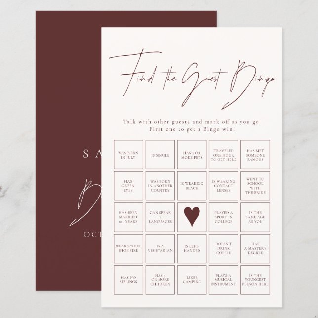 Encontre o Jogo do Chá de panela Bingo Burgundy Co (Frente/Verso)