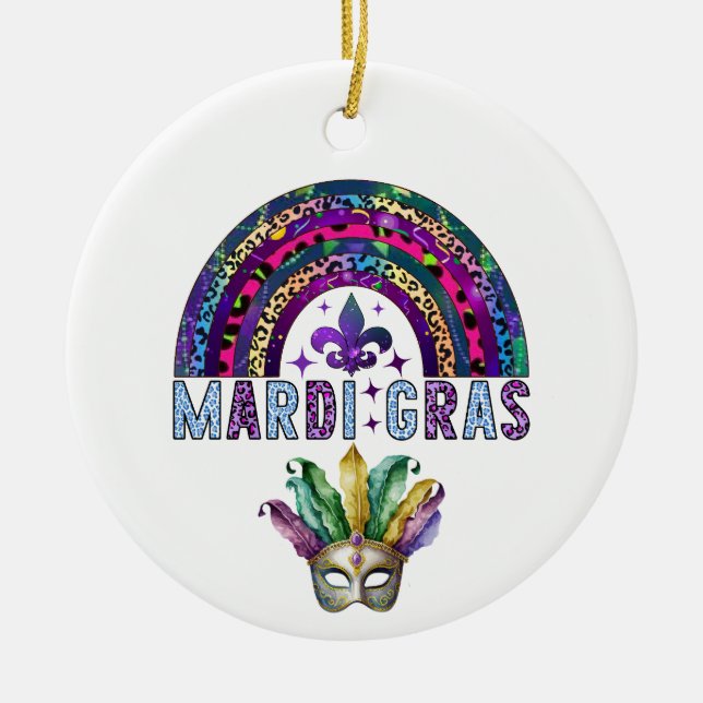 Enfeite Cerâmico Arco-íris e Máscara de Mardi Gras (Frente)