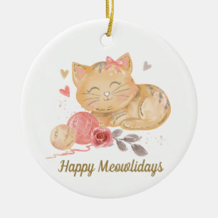 Enfeite Cerâmico de Gato Fofo de Feliz Mewolidays