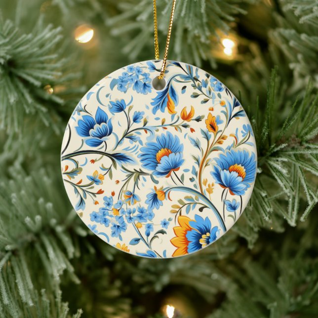 Enfeite com floral laranja e azul intrincado  (Árvore)