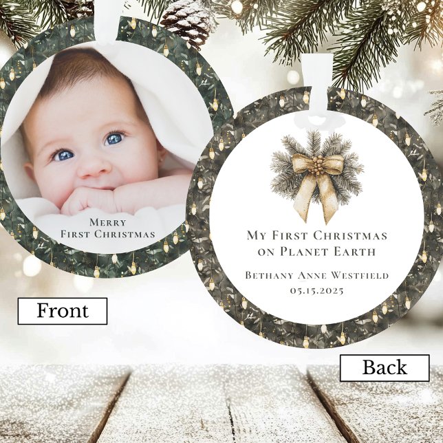 Enfeite Comemorativo da Primeira Natal do Bebê (Baby's First Christmas Tree Lights Photo Keepsake Acrylic Ornament)