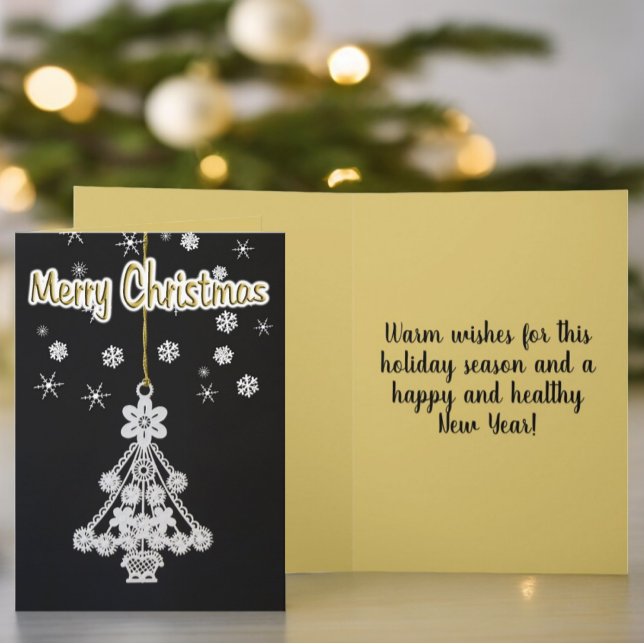 Enfeite de árvore de Natal branco sobre modelo pre (Black and gold cover and inside template text Christmas card)