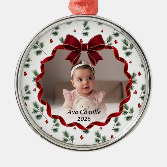 Enfeite de árvore de Natal com foto de bebê e laço (Frente)