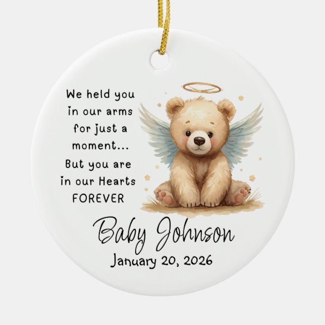 Enfeite de bebê memorial Ursinho com asas de anjo (Frente)
