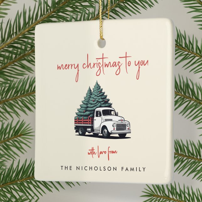 Enfeite de Cerâmica | Caminhão de Entrega de Árvor (Personalized vintage delivery truck ceramic ornaments created for cheerful Christmas celebrations)