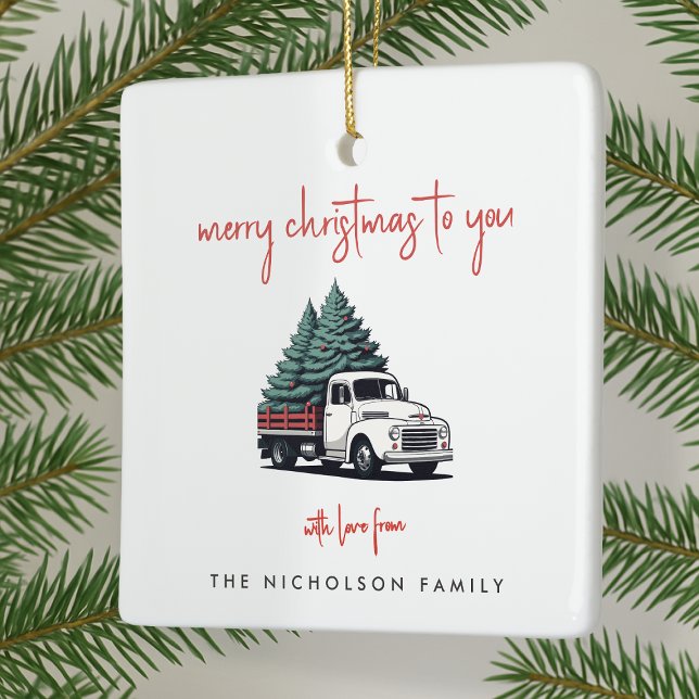 Enfeite de Cerâmica | Caminhão de Entrega de Árvor (Personalized vintage delivery truck ceramic ornaments created for cheerful Christmas celebrations)