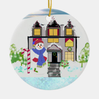 Enfeite de Cerâmica Homem de Neve e Casa Aconchega