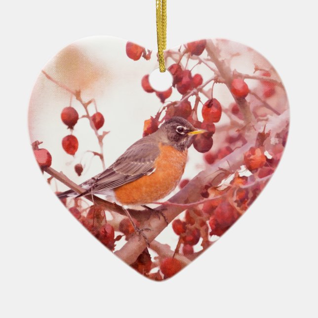 Enfeite de Cerâmica Robin Com Frutas Vermelhas (Frente)