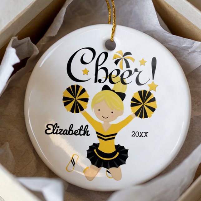 Enfeite de Cheerleader Loira Preto e Dourado (Criador carregado)