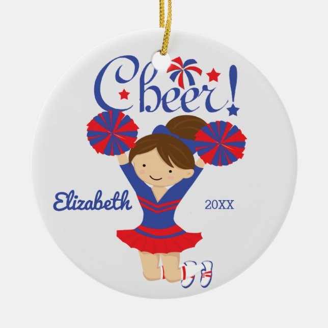 Enfeite de Cheerleader Morena de Azul e Vermelho (Frente)