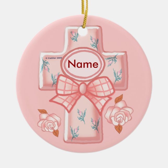 Enfeite de Cruz Cristã com Laço Rosa (Frente)