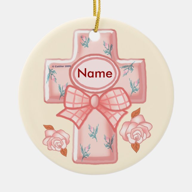 Enfeite de Cruz de Laço Rosa Cristão (Frente)