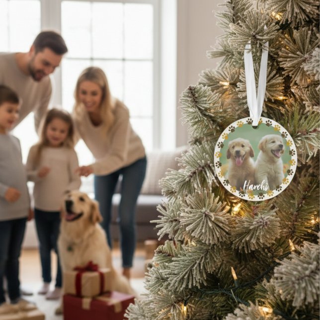 Enfeite de Foto de Estimação com Pegadas Personali (Custom Paw Prints Pet Photo Ornament with Name – Cute Heart Frame Dog & Cat Keepsake)