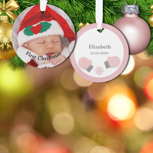Enfeite de Foto de Luvas Rosa do Primeiro Natal do (Criador carregado)