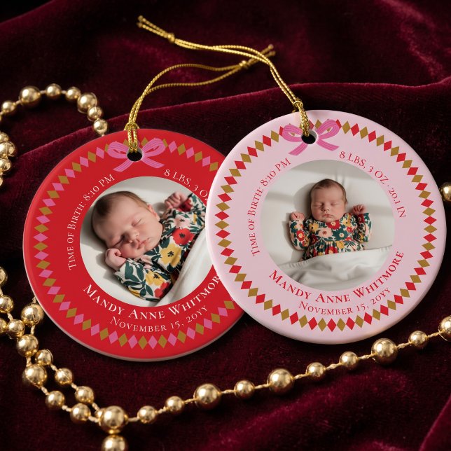 Enfeite de Foto de Nascimento de Bebê Personalizad (Pink Personalized Baby Birth Stat Keepsake Photo Ceramic Ornament)
