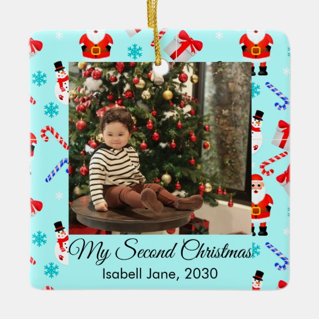 Enfeite de Foto de Natal de Bebê Fofo 2º Natal (Frente)