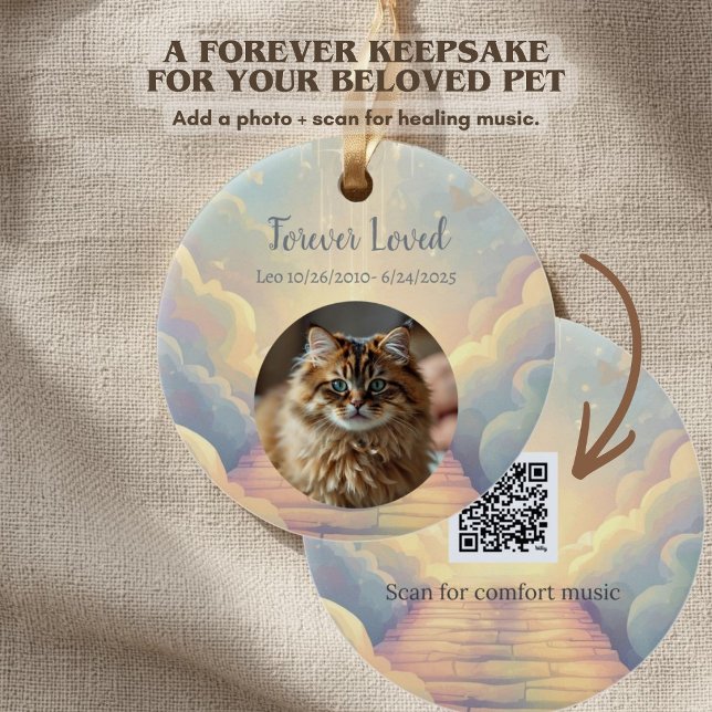 Enfeite de Memorial de Pet com Código QR Música do (Customizable Rainbow Bridge pet memorial ornament with pet photo, name, dates, and a back QR code.)