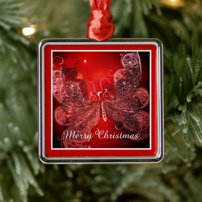 Enfeite de Natal borboleta vermelho e branco em me (Árvore)