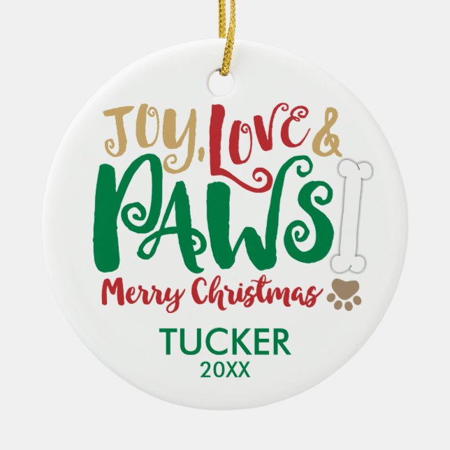 Enfeite de Natal Cachorro Alegria Amor PAWS (Frente)