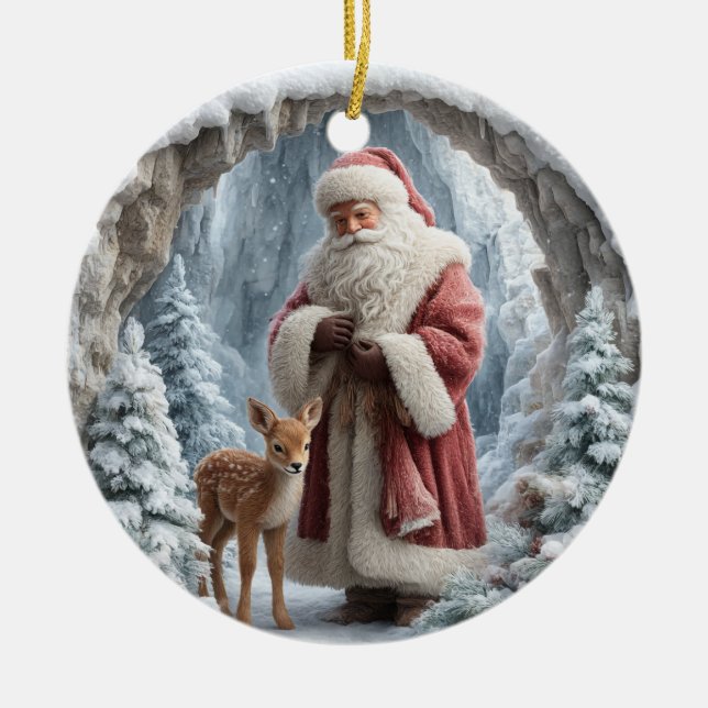 Enfeite de Natal Cerâmico 3D de Papai Noel e Veado (Frente)