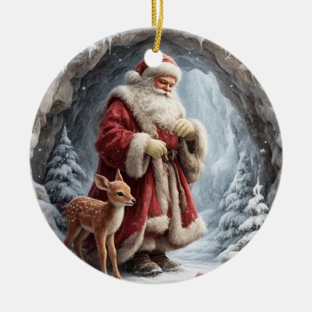 Enfeite de Natal Cerâmico 3D de Veado e Papai Noel (Frente)