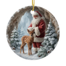 Enfeite de Natal Cerâmico 3D de Veado e Papai Noel