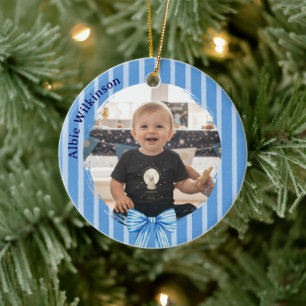 Enfeite de Natal com Foto de Bebê com Laço Azul Fo
