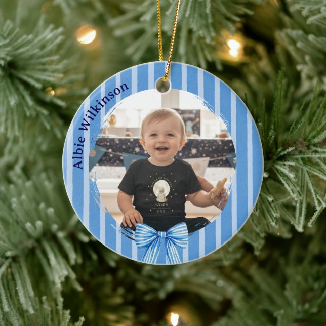 Enfeite de Natal com Foto de Bebê com Laço Azul Fo (Árvore)