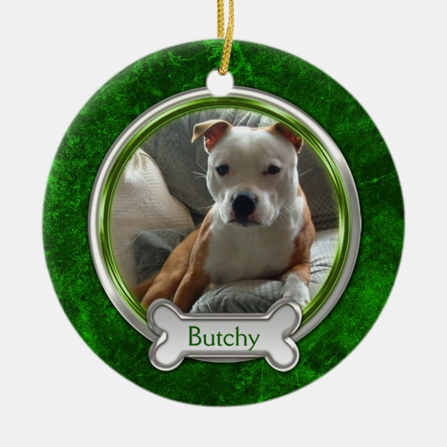Enfeite de Natal com Foto de Pet em Prata Verde (Frente)