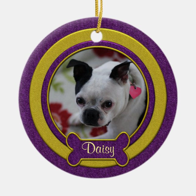 Enfeite de Natal com Foto de Pet Roxo e Dourado (Frente)