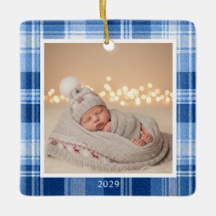 Enfeite de Natal com Foto de Xadrez Azul do 1º Nat
