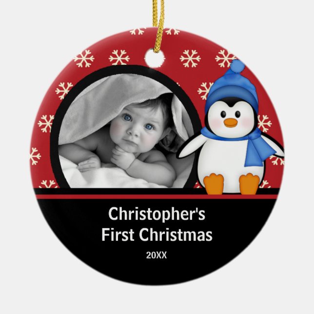 Enfeite de Natal com Foto do Bebê - Pinguim (Frente)