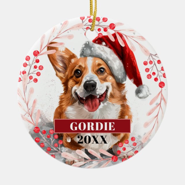 Enfeite de Natal de Cachorro Welsh Corgi com Chapé (Frente)