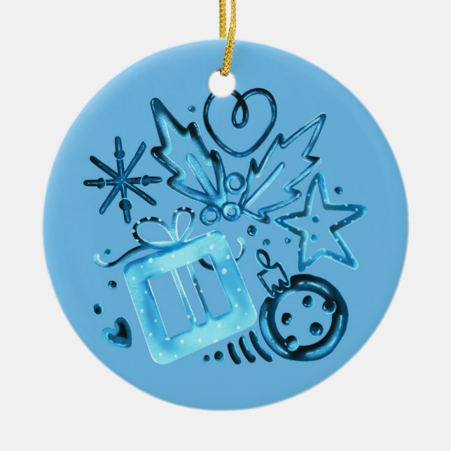 Enfeite de Natal de Cerâmica Azul com Presente (Frente)