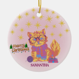 Enfeite de Natal de Cerâmica Gato Retro