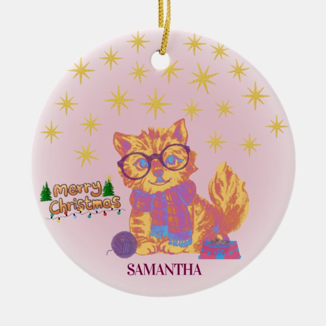 Enfeite de Natal de Cerâmica Gato Retro (Frente)