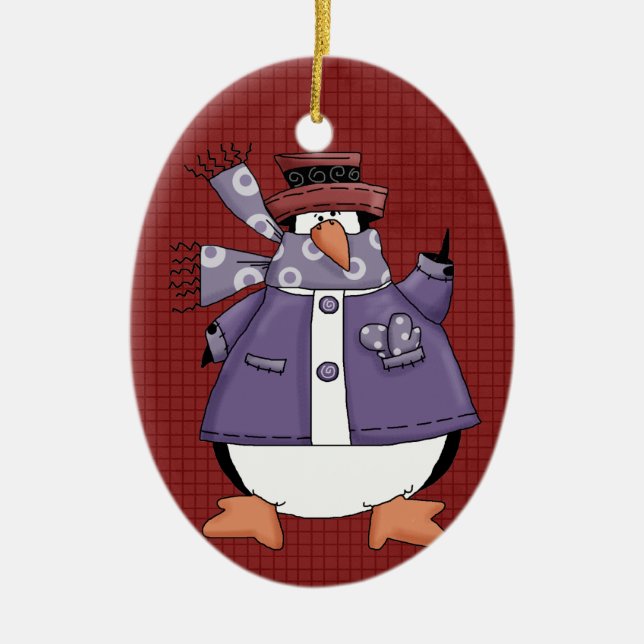 Enfeite de Natal de Cerâmica Penguin Roxo (Frente)