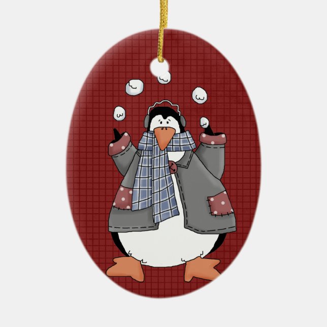 Enfeite de Natal de Cerâmica Pinguim de Inverno (Frente)